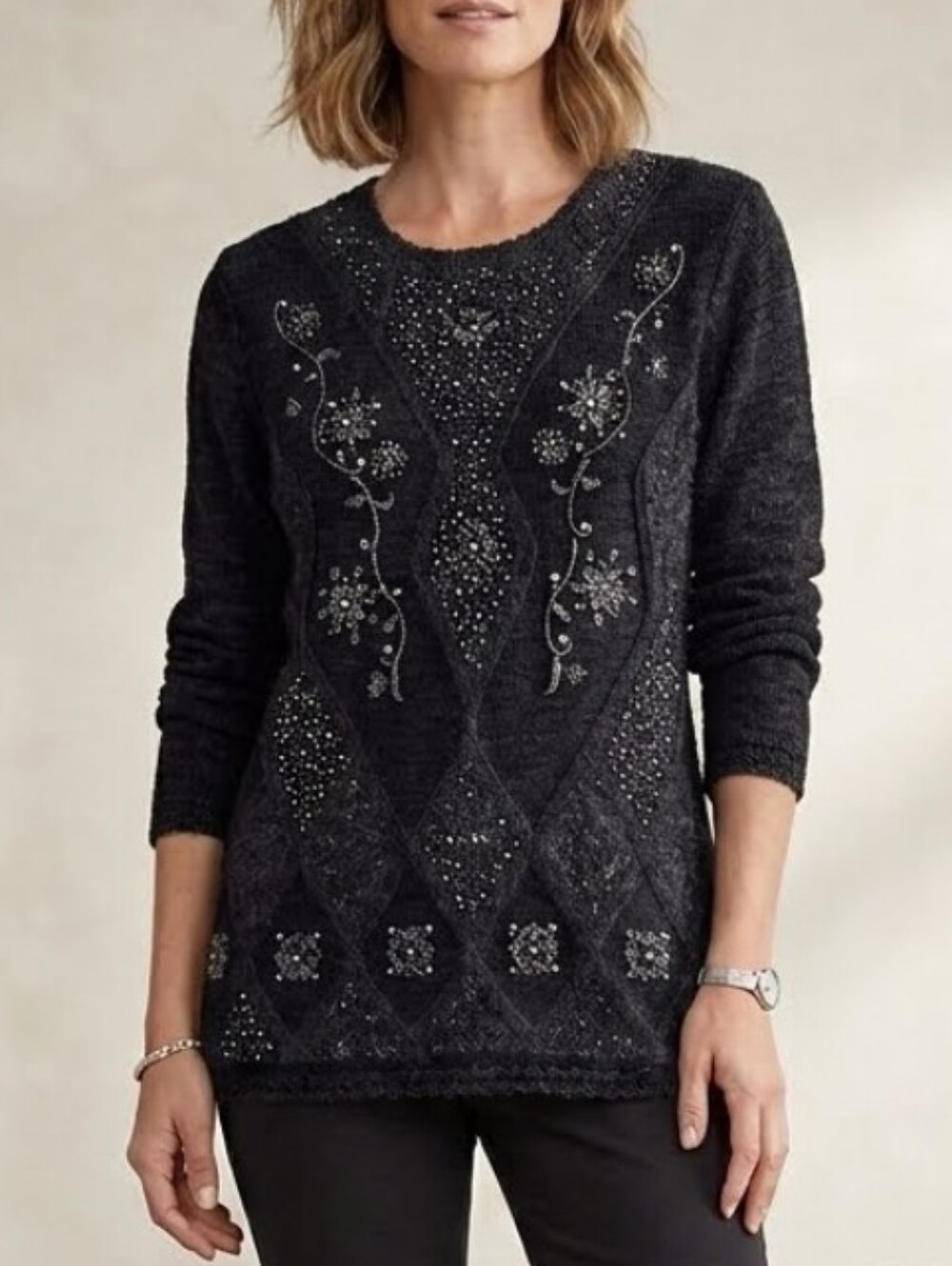 Vintage KORET Pearl Embellished Embroidered Applique Pullover Sweater